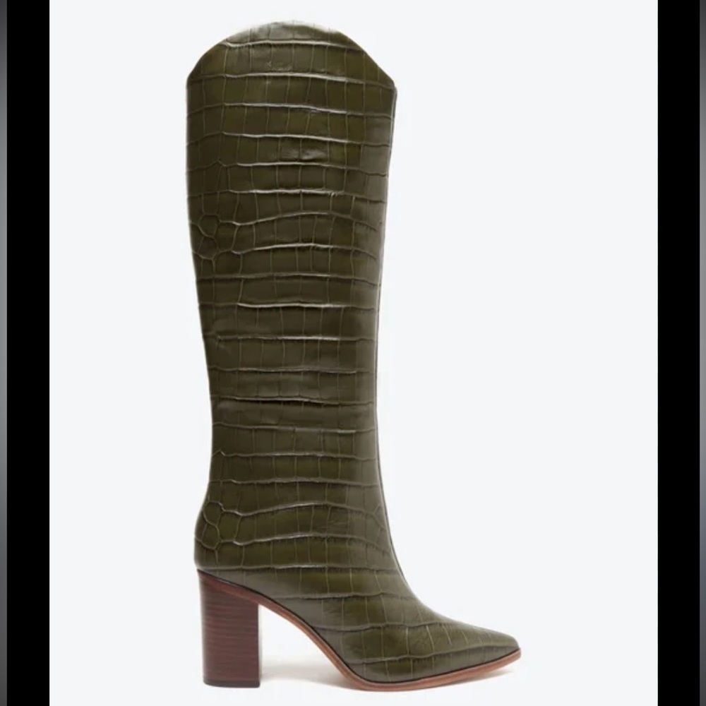 SCHUTZ Olive Green Croc-Embossed Knee Boots